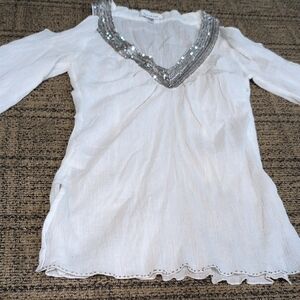 bebe White Blouse with Silver Sequin Detail